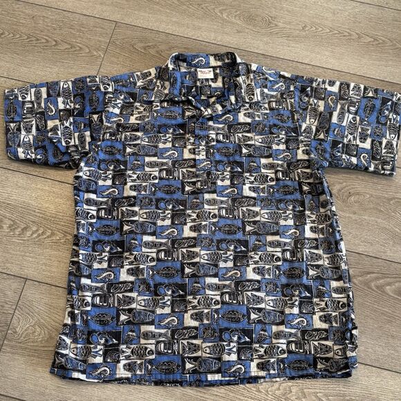 Go Barefoot Shirt Mens Large Blue Tribal Hawaiian Button Up Short Sleeve Aloha - Picture 1 of 6